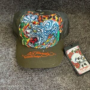 Ed Hardy Olive Cap with Tiger and Skull Embroidery
